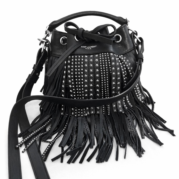 Saint Laurent Emmanuelle Small Black Leather Star Studded Fringe Bucket Bag